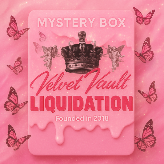 Velvet Vault Liquidation voucher mystery box design with pink background and butterflies