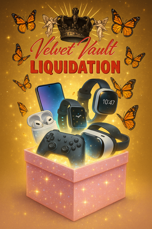Velvet Vaults liquidation deals with electronics including smartwatch earbuds game controller VR headset emerging from glowing box
